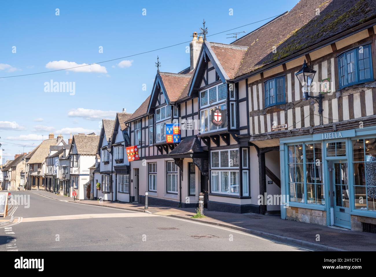Quiet traffic-free Hailes Street in historic Cotswolds town of Winchcombe with medieval buildings. Stock Photo