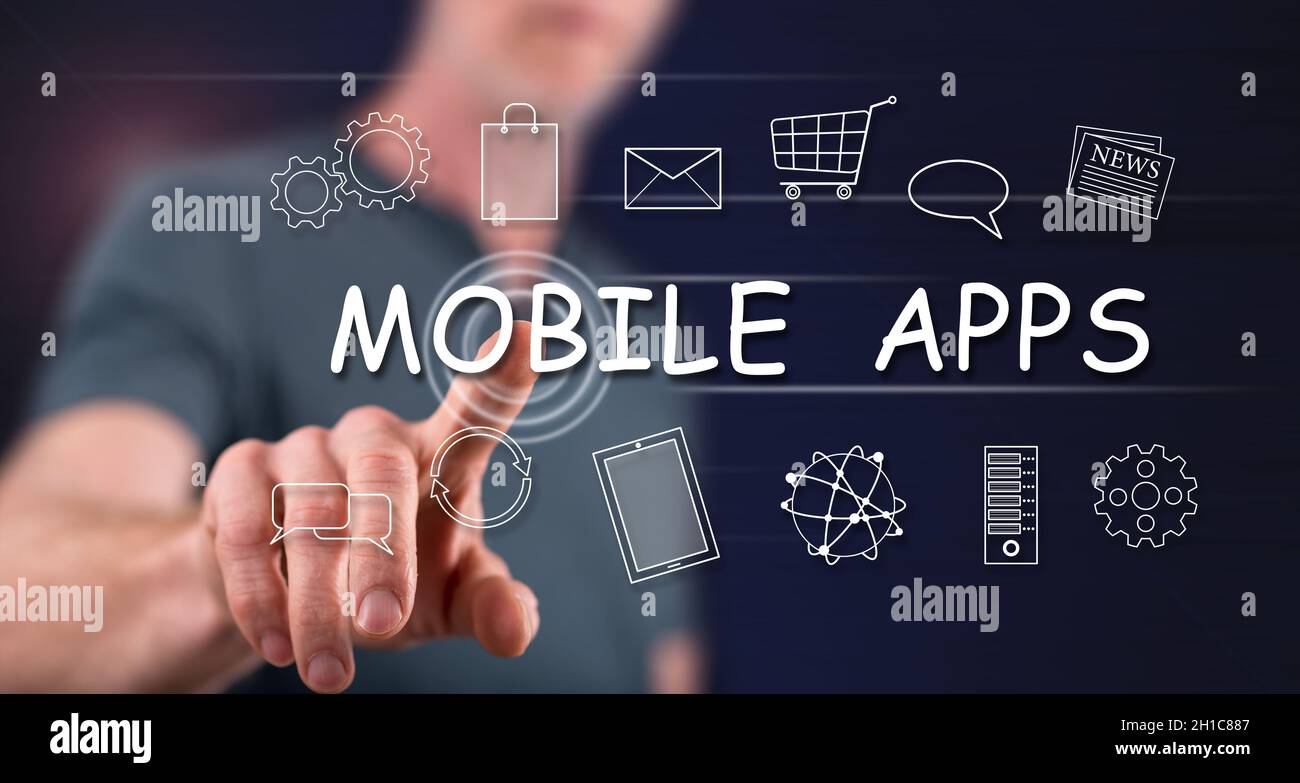 Man touching a mobile apps concept on a touch screen with his finger ...