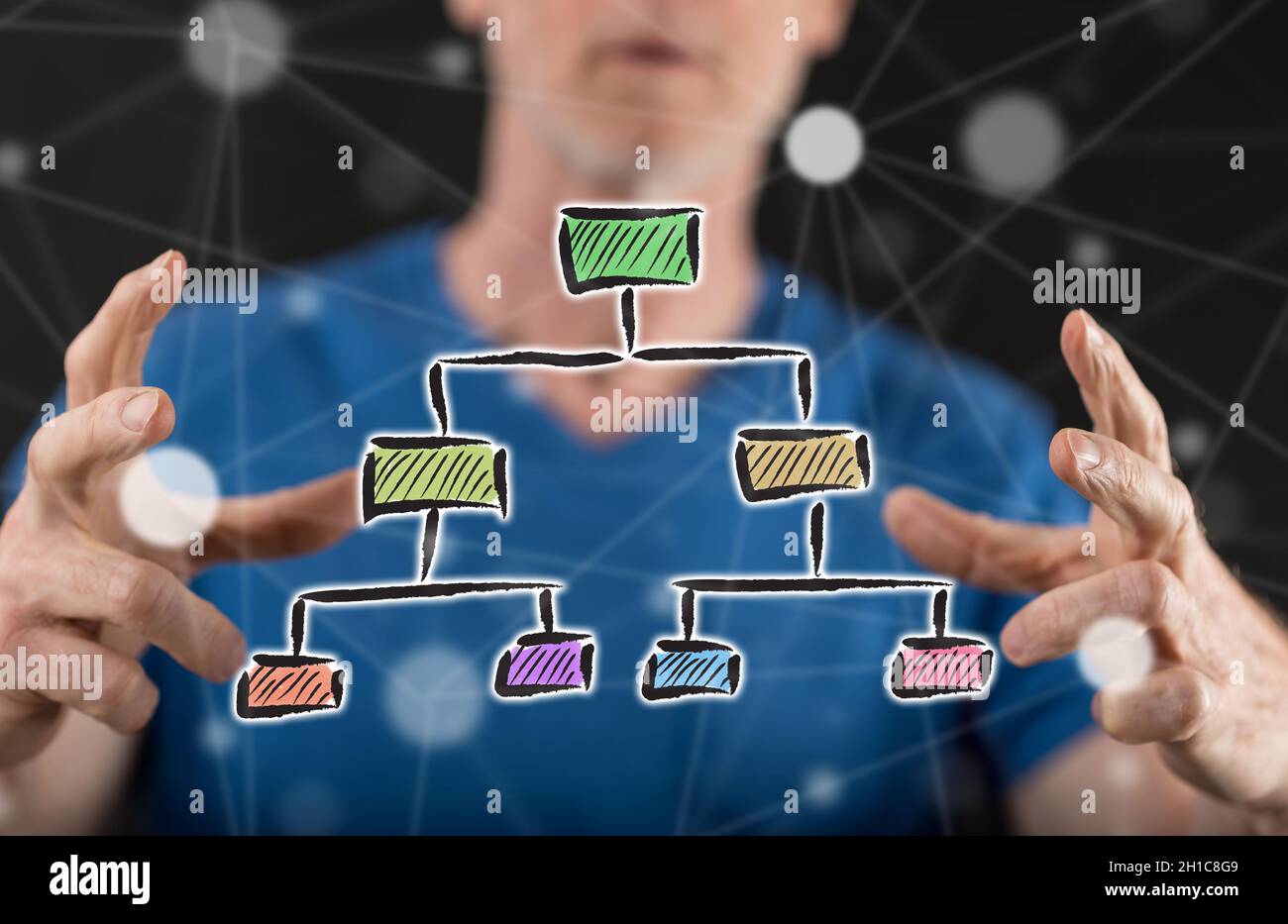 Organizational chart concept between hands of a man in background Stock ...