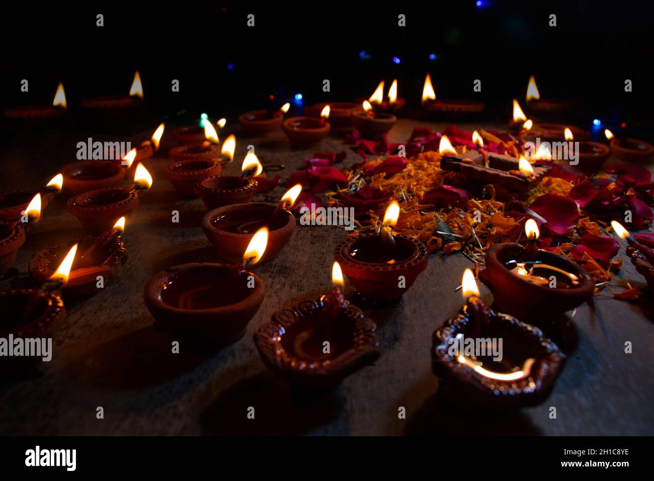 Diwali lights with diyas oil lamps Stock Photo