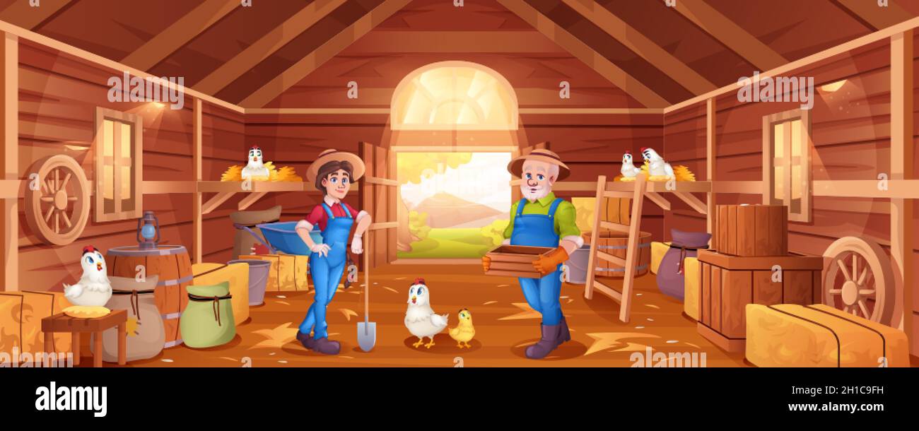 Cartoon wooden barn with farmers, haystacks,chickens and garden tools. Man and woman in hats in barnhouse on farm. Interior of rural shed with hens, straw, sacks and crates. Stock Vector