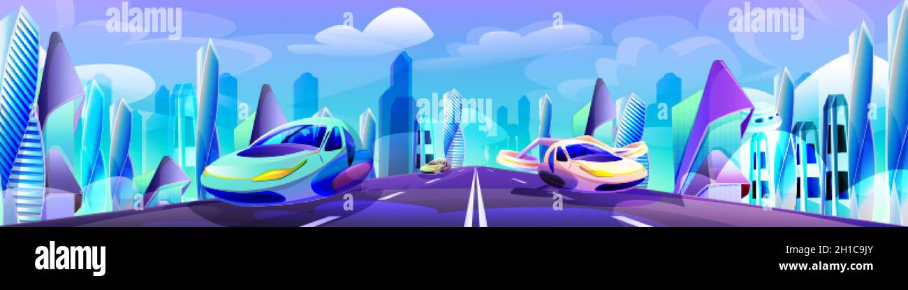 Future city with automobile drive road. Futuristic glass building and modern flying cars of unusual shapes. Alien urban architecture skyscrapers or fantasy cityscape cartoon vector illustration. Stock Vector