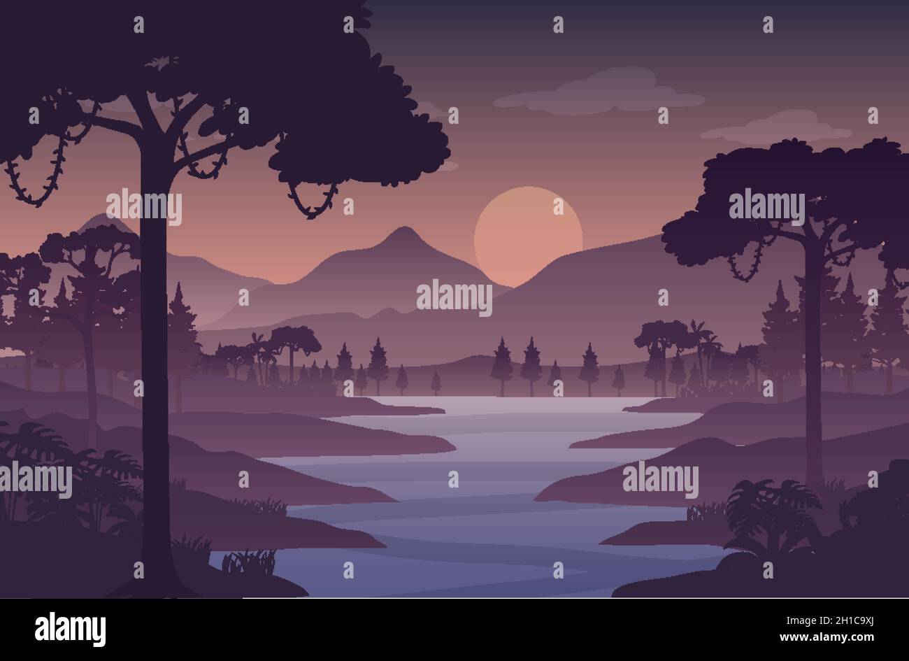 Silhouette twilight forest landscape background illustration Stock ...