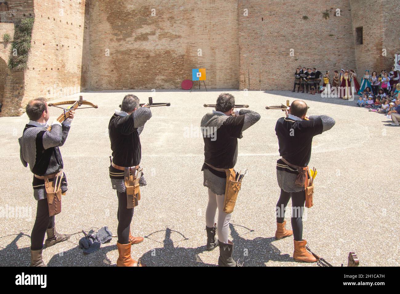 Archers in Exhibition at the Castle of Mondavio, Marche, Italy, Europee Stock Photo
