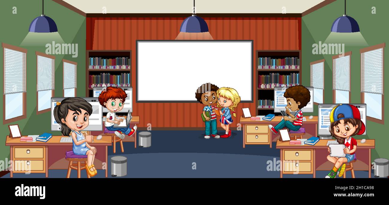 School library interior with children group illustration Stock Vector ...