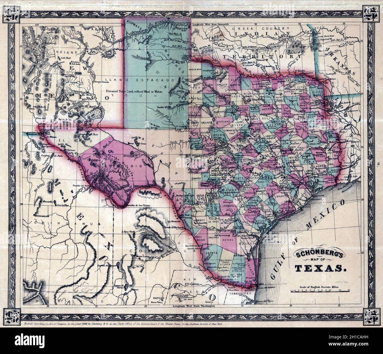 Old vintage 19th century framed - Old Vintage 19th Century Framed Map Of Texas State Of The United States 2H1CAHH 