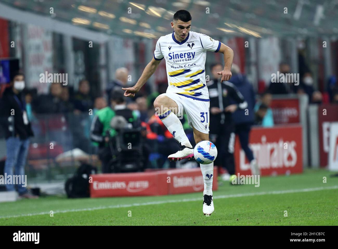 Bosko Sutalo of Hellas Verona Fc  controls the ball during the Serie A match between Ac Milan and Hellas Verona Fc . Stock Photo