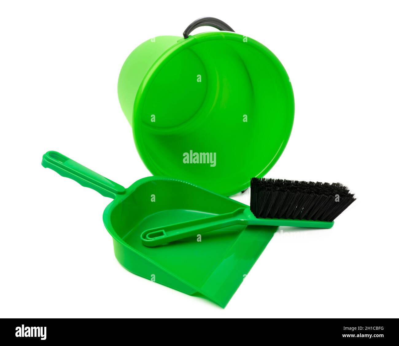 Green plastic bucket and a scoop isolated on white background Stock