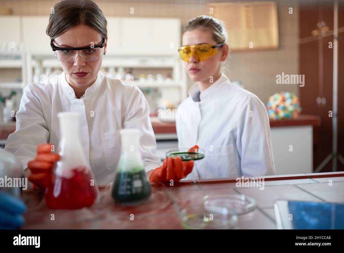 Young female chemistry students in a working atmosphere in the university laboratory observe a chemical reaction in an experiment. Science, chemistry, Stock Photo
