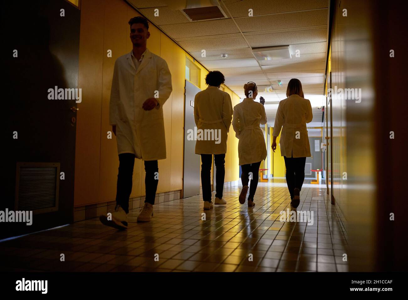 Young medical workers walks in hospital hallway Stock Photo