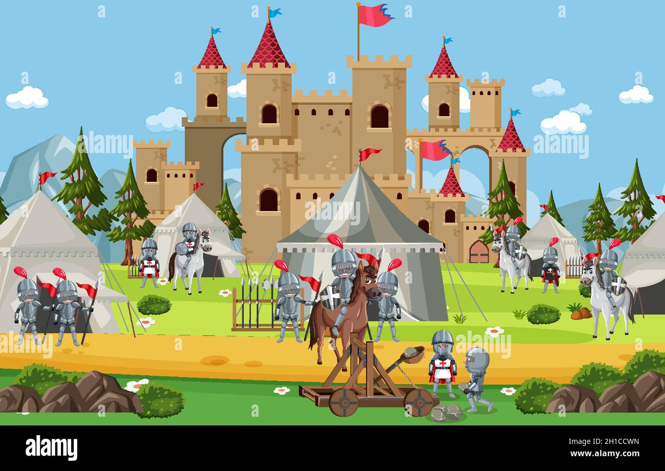 Military medieval camp with tents and soldiers illustration Stock ...
