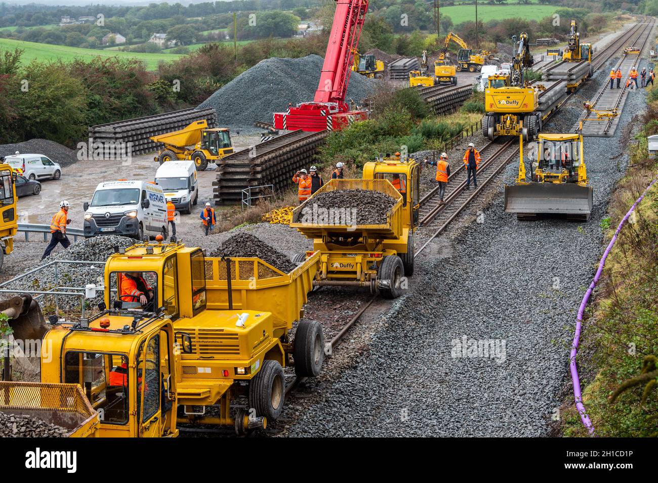 Rathpeacon, Co. Cork, Ireland. 18th Oct, 2021. Engineering works are continuing on the Cork to Dublin mainline. Irish Rail is upgrading the Kent Station, Cork, signalling system and replacing sections of track at locations between Cork and Mallow, including Rathpeacon. Credit: AG News/Alamy Live News Stock Photo