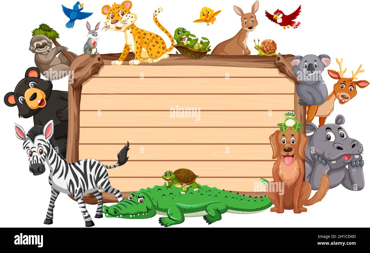 Empty wooden board with various wild animals illustration Stock Vector ...