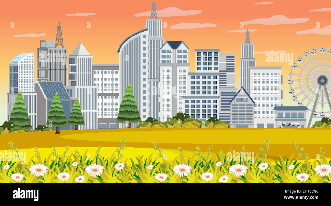 Empty park in the city scene at sunset time illustration Stock Vector ...