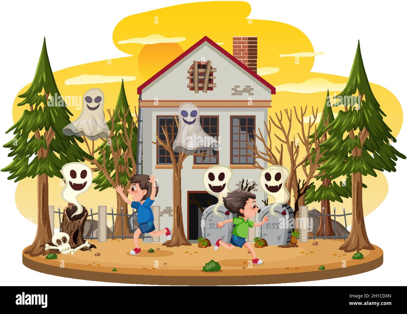 children-at-the-haunted-house-illustration-stock-vector-image-art-alamy