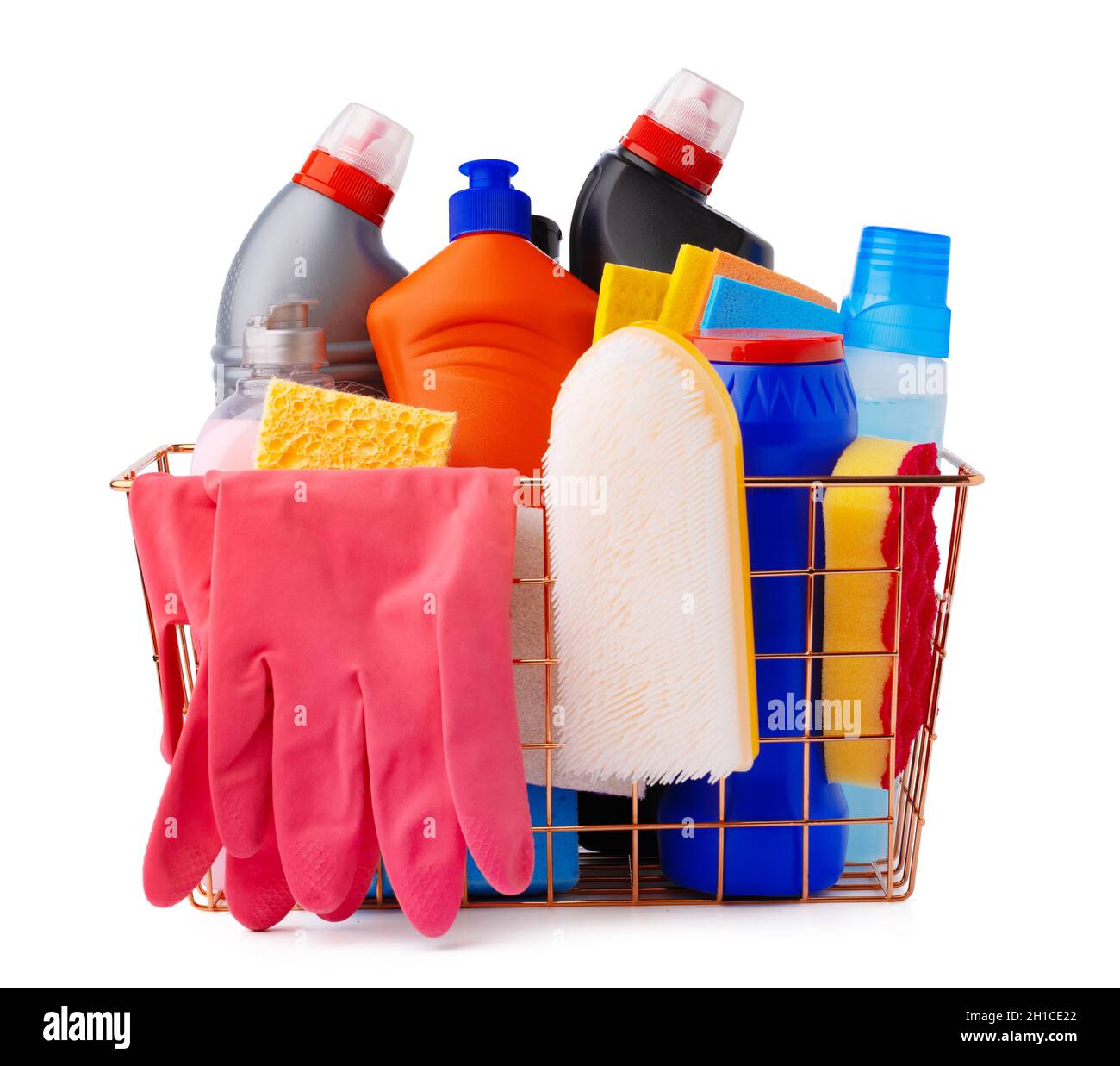 Cleaning items in basket isolated on white background Stock Photo