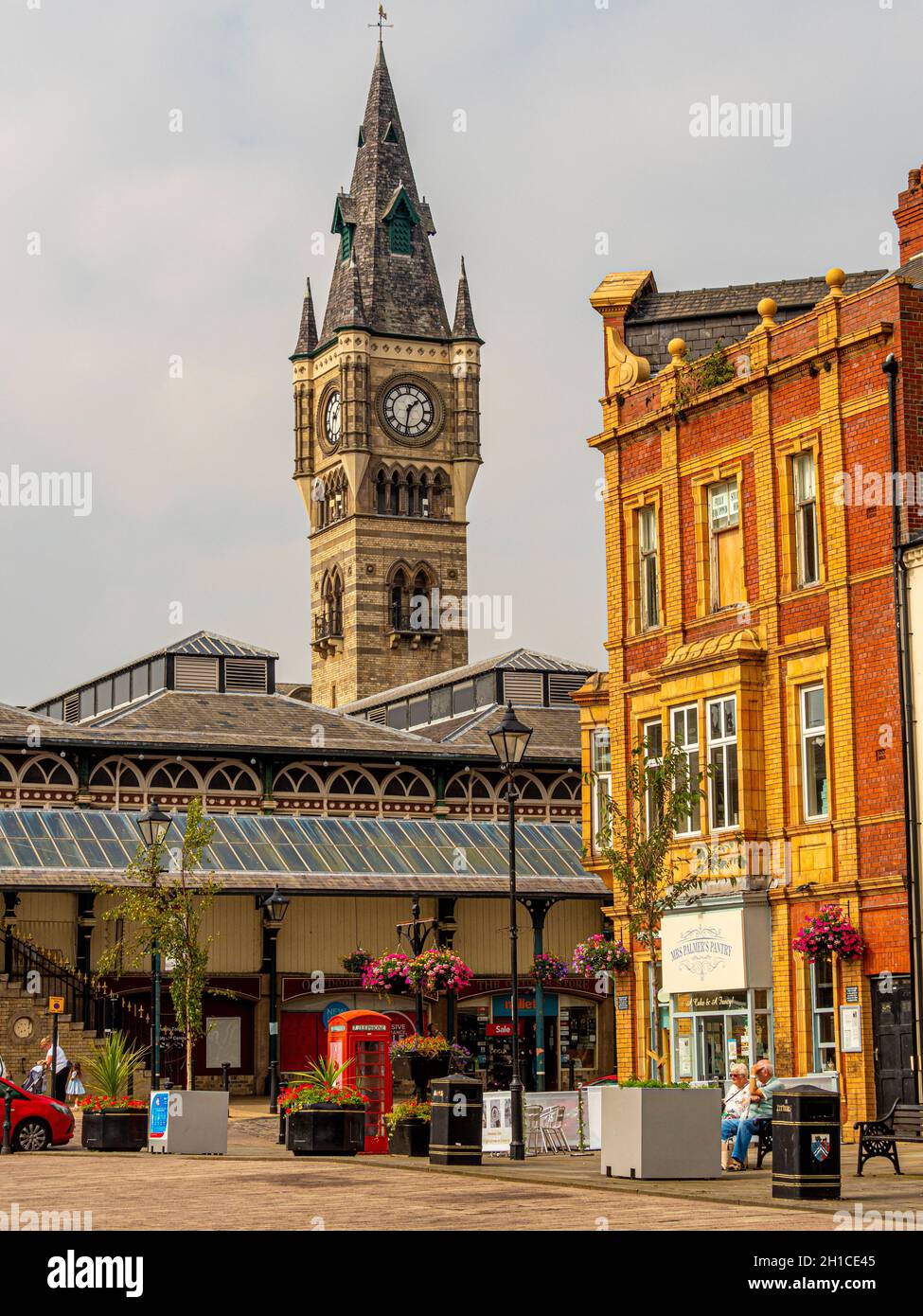 Darlington town clock with the East Row entrance of the market building ...