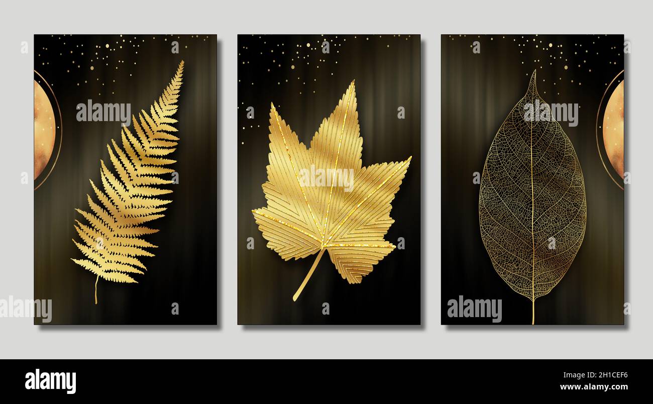 3d golden tree leaves in modern painting background. wall frame home