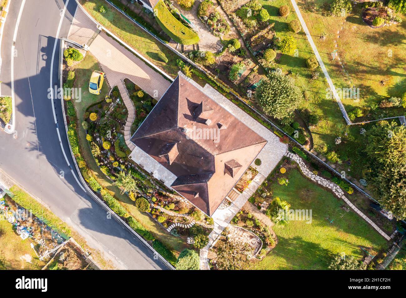 Aerial vertical view of a hamlet in Brive La Gaillarde, in Autumn, in New Aquitaine, Limousin, France Stock Photo