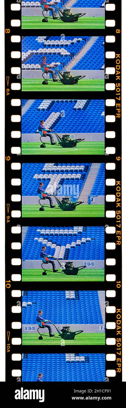 Movie film frames of last turf trim in Manchester City's former home at Maine Road, Manchester. Stock Photo