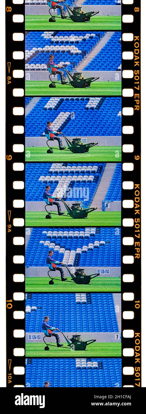 Movie film frames of last turf trim in Manchester City's former home at Maine Road, Manchester. Stock Photo