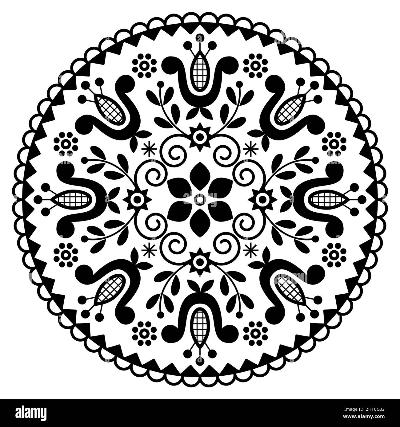 Bohemian mandala vectro design - Polish folk art pattern with flowers in black and white Stock Vector