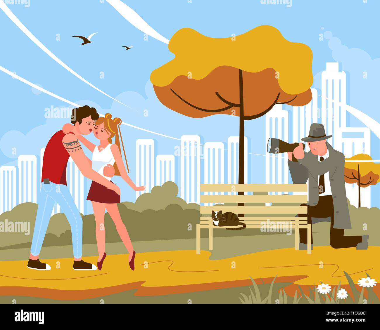 Paparazzi with Camera Sitting in Ambush in city park for Following kissing pair of Celebrity. Flat Art Vector Illustration. Stock Vector
