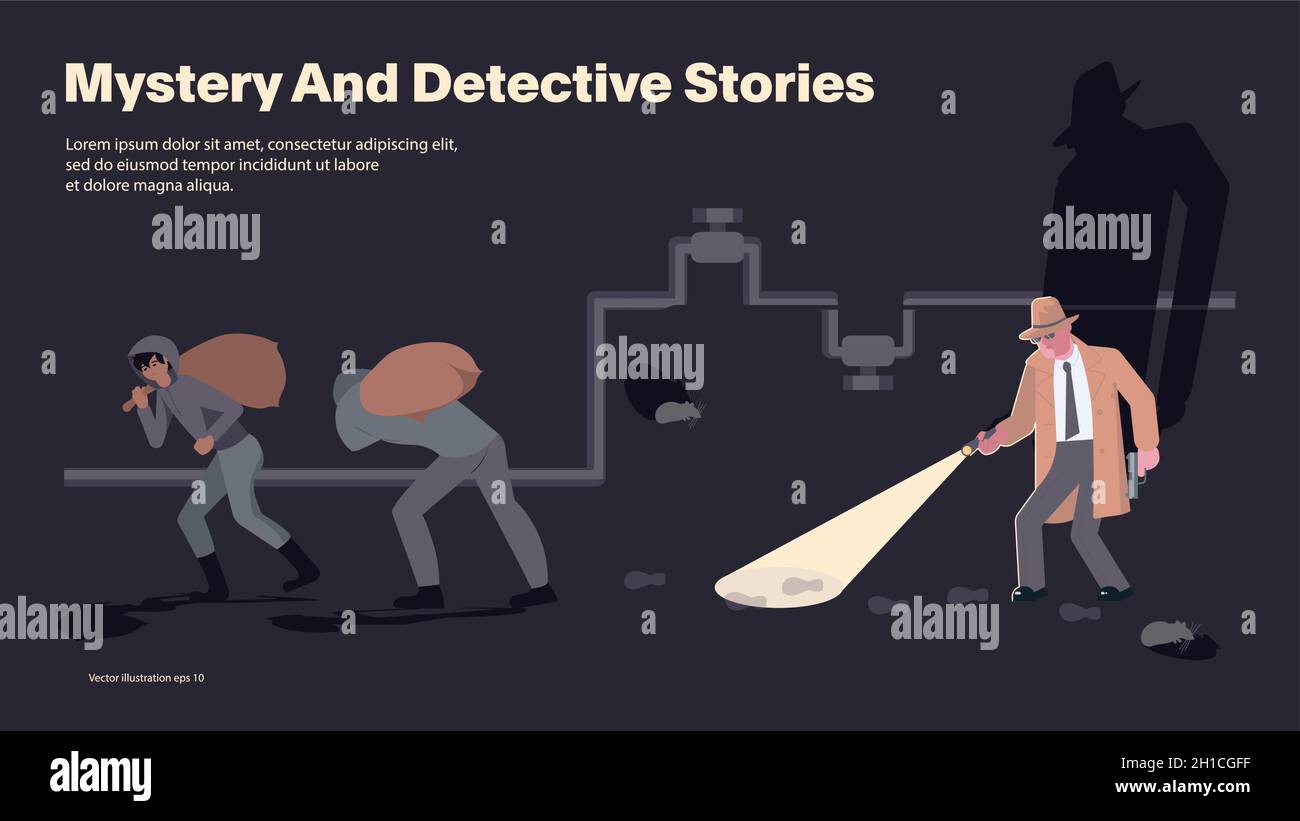 Landing page templates for Detective blog or agency. A detective with a flashlight follows the trail of criminals in the basement. Flat Art Vector ill Stock Vector