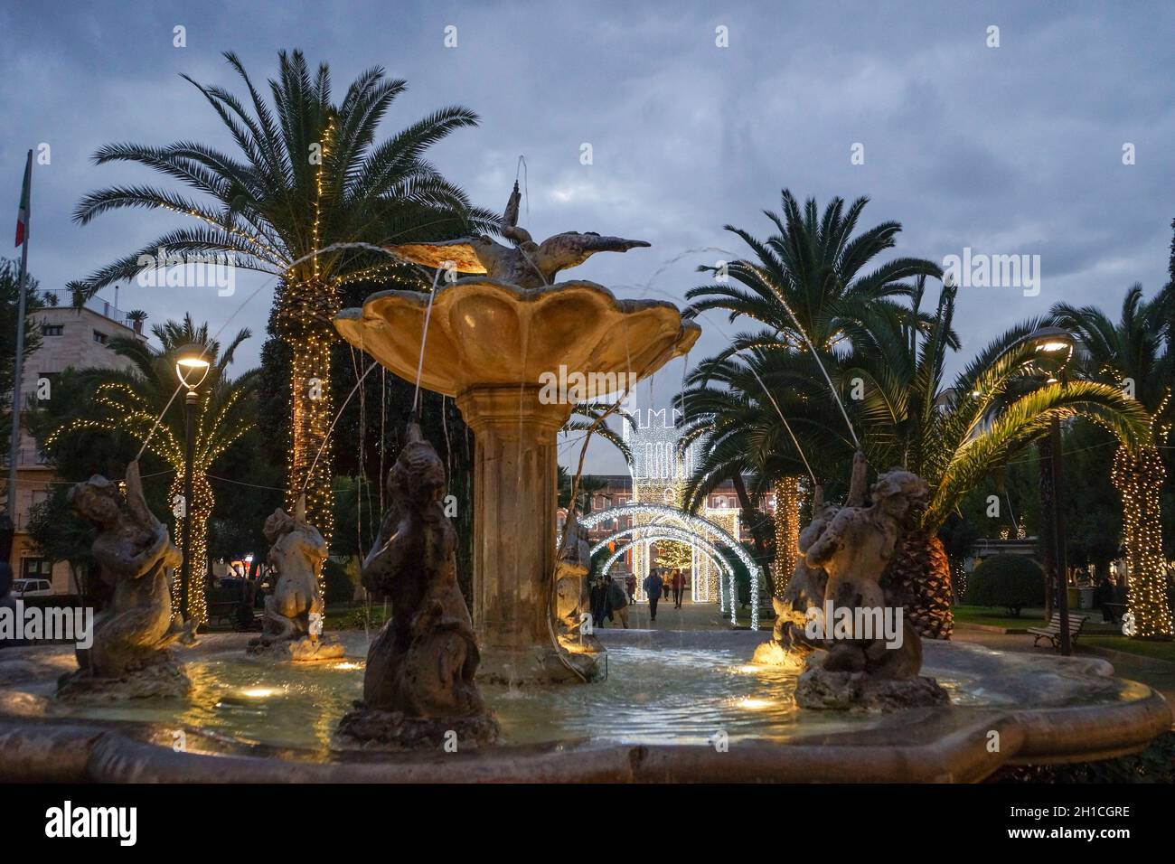 Fountain, Public Gardens, Christmas illuminations, People, Civitanova Marche, Marche, Italy, Europe Stock Photo