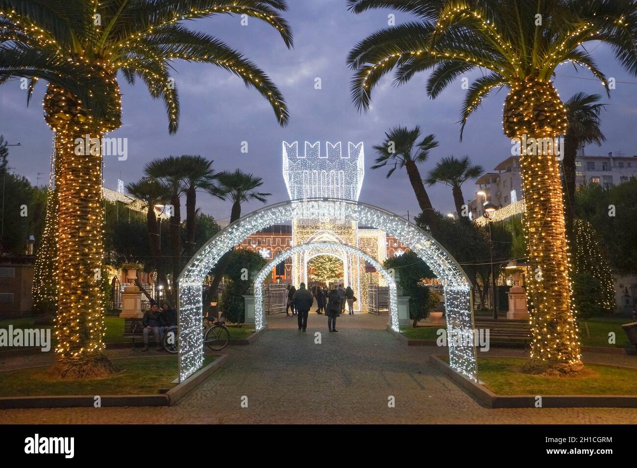 Christmas illuminations, Public Gardens, People, Civitanova Marche, Marche, Italy, Europe Stock Photo