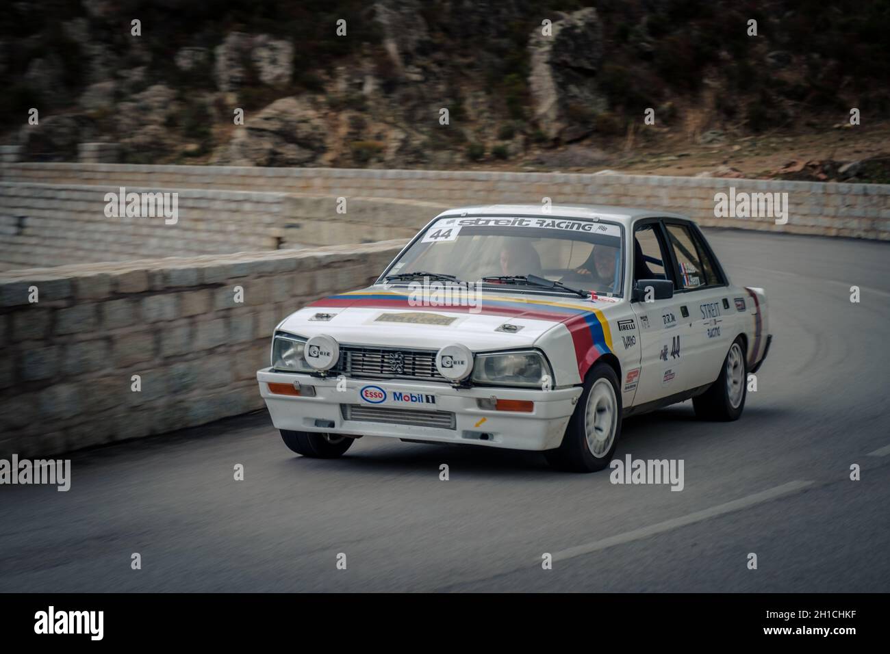 Occhiatana, Corsica, France - 7th October 2020: Serge Zele and Philippe Bouvier compete in their Peugeot 505 Turbo in the 2021 Tour de Corse Historiqu Stock Photo