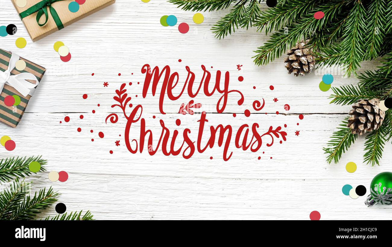 Merry Christmas hand lettering inscription with Fir branches and ...