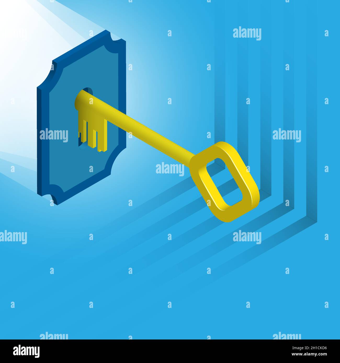 Isometric golden key enters keyhole. Key opens access to data on