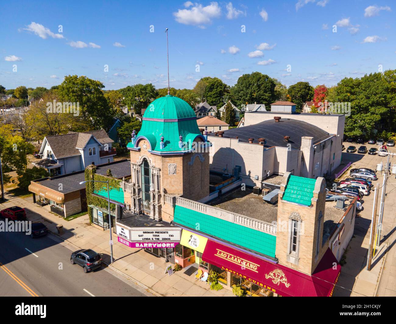 Aerial photograph of Madison's iconic Barrymore Theater, Atwood Avenue, Madison, Wisconsin, USA