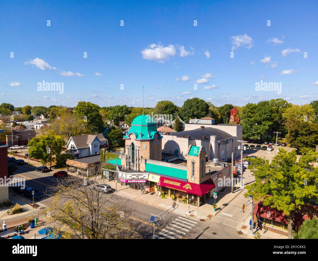 Aerial photograph of Madison's iconic Barrymore Theater, Atwood Avenue, Madison, Wisconsin, USA