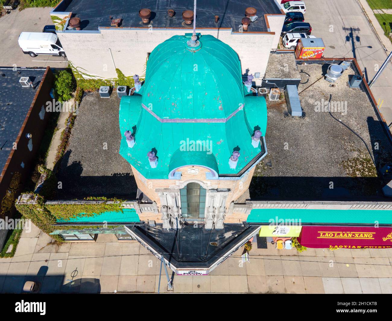 Aerial photograph of Madison's iconic Barrymore Theater, Atwood Avenue, Madison, Wisconsin, USA