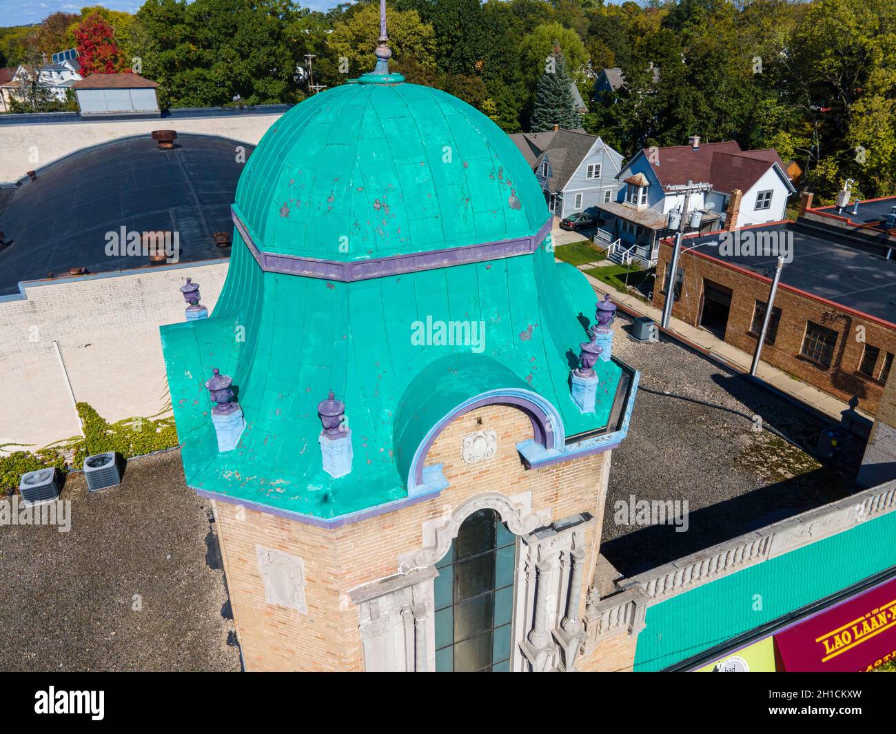 Aerial photograph of Madison's iconic Barrymore Theater, Atwood Avenue, Madison, Wisconsin, USA