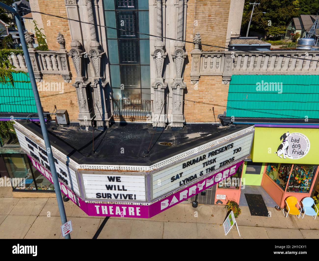 Aerial photograph of Madison's iconic Barrymore Theater, Atwood Avenue, Madison, Wisconsin, USA