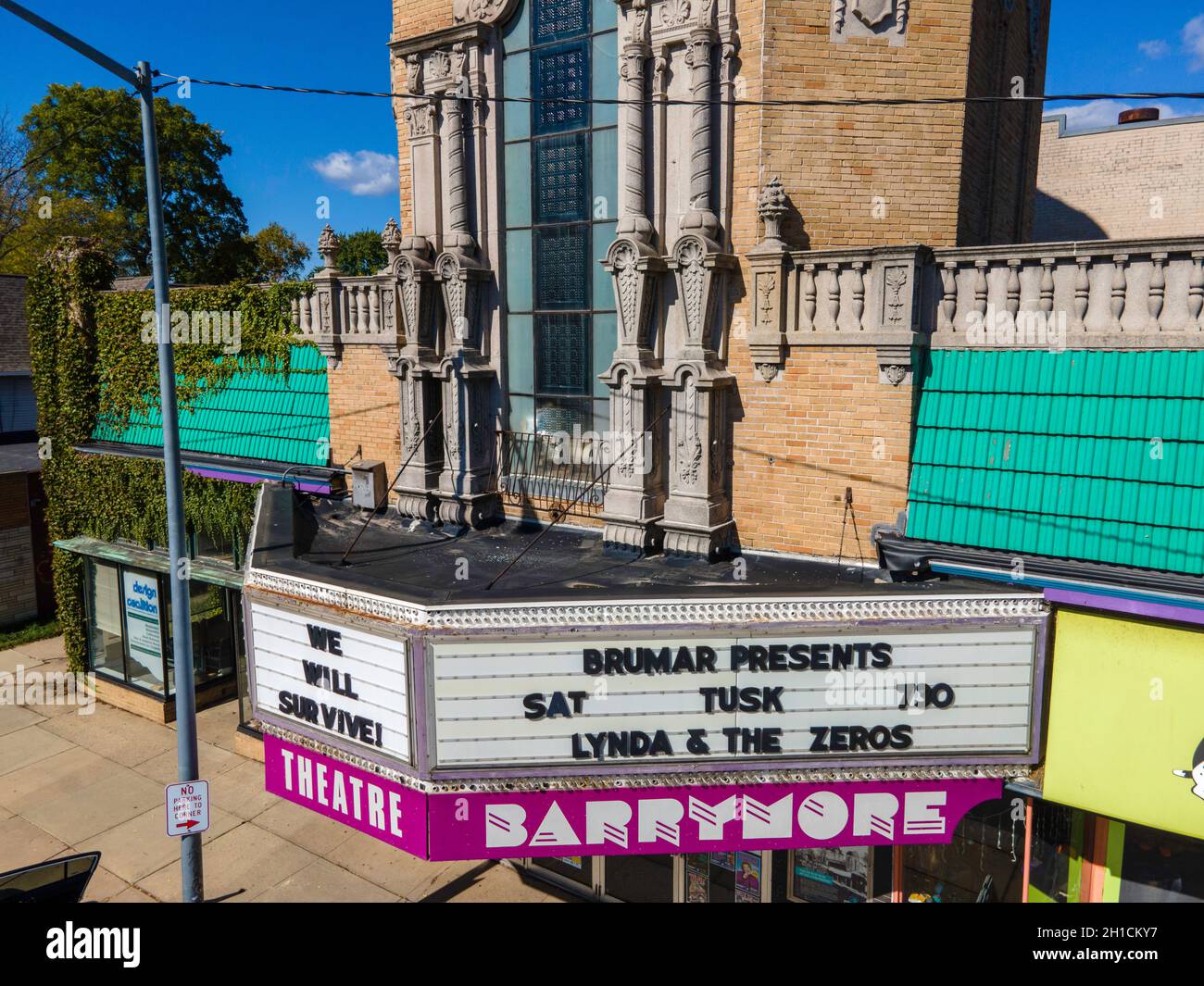 Aerial photograph of Madison's iconic Barrymore Theater, Atwood Avenue, Madison, Wisconsin, USA