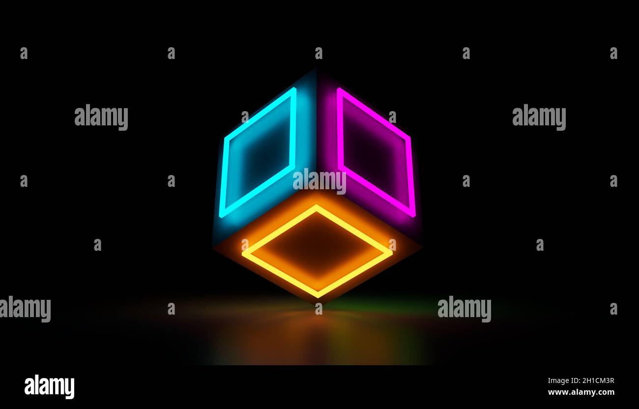 3d cube with neon light on black background. 3d rendering Stock Photo ...