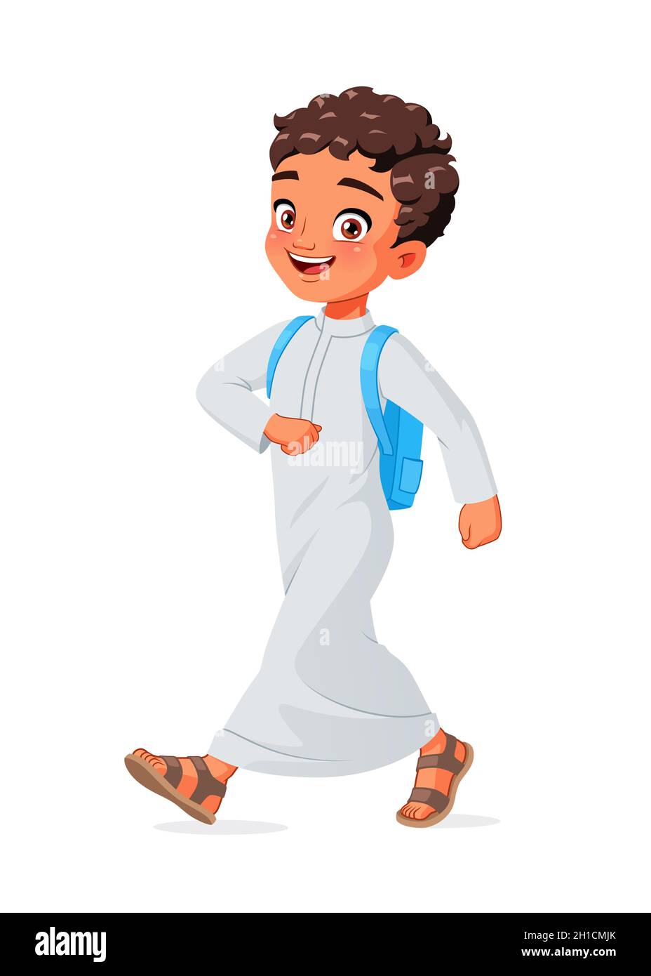 Happy Arab school boy walking. Cartoon vector illustration. Stock Vector