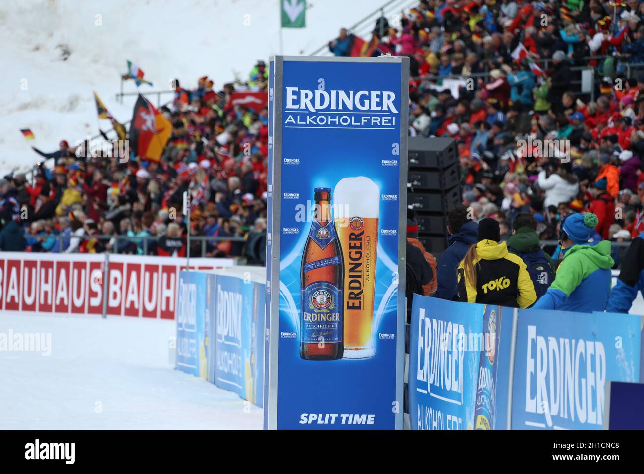 Erdinger Werbung im Stadion beim Single Mixed Staffel bei der BU Biathlon-Weltmeisterschaft Antholz 2020 - Stock Photo