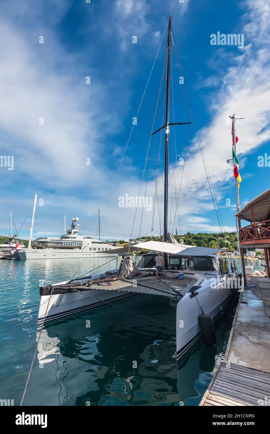 English Harbour, Antigua and Barbuda - December 18, 2018:  Sailing Catamaran docked at the Antigua yacht club in English Harbour, St. Paul’s Parish, A Stock Photo