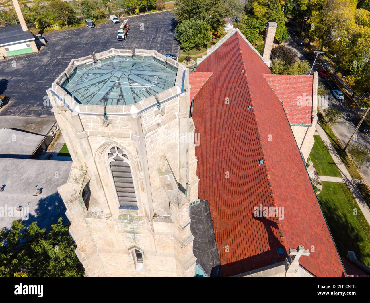 Aerial photograph of St. Bernard's Catholic Church, along Atwood Avenue