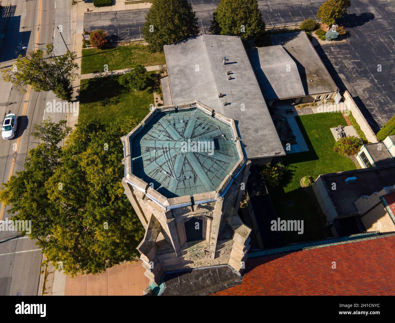 Aerial photograph of St. Bernard's Catholic Church, along Atwood Avenue