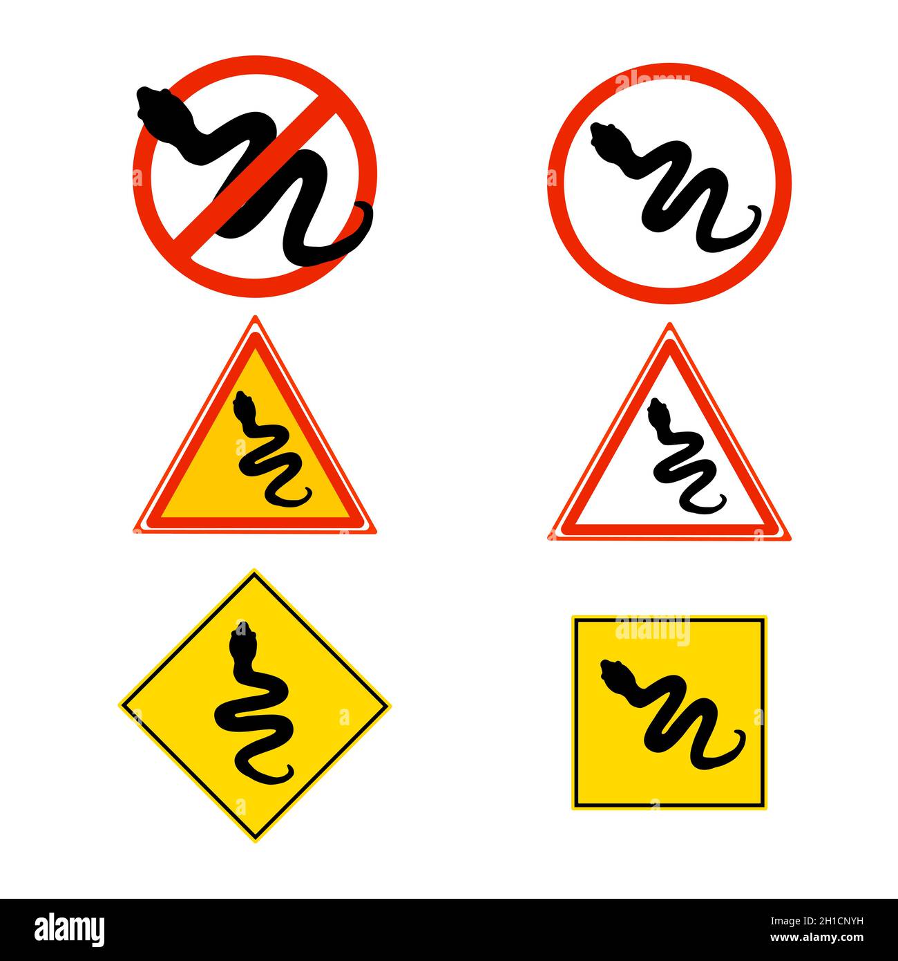 Set of warning sign with snake isolated on white background. Caution icons of  attention venomous snake. Hazard symbol reptiles. Vector illustration Stock Vector