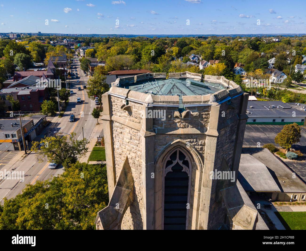Aerial photograph of St. Bernard's Catholic Church, along Atwood Avenue