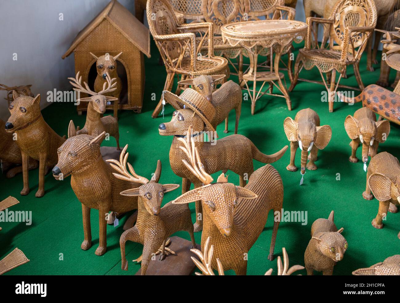 Camacha, Madeira, Portugal - April 19, 2018: Wicker productss on sale in a factory shop in Camacha on Madeira Island. Portugal Stock Photo