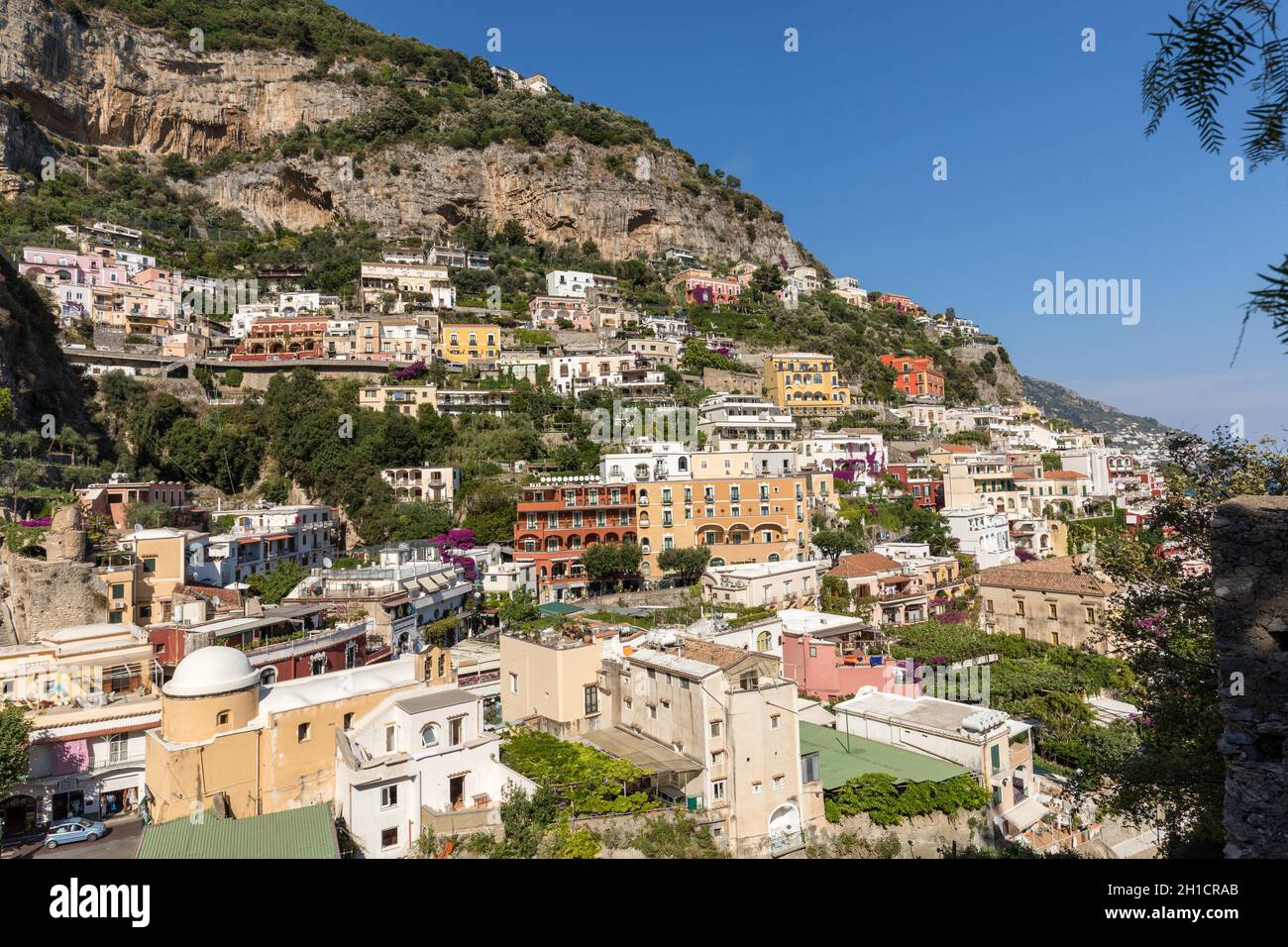 Positano, Italy - June 12, 2017: Colourful Positano, the jewel of the Amalfi Coast, with its multicoloured homes and buildings perched on a large hill Stock Photo