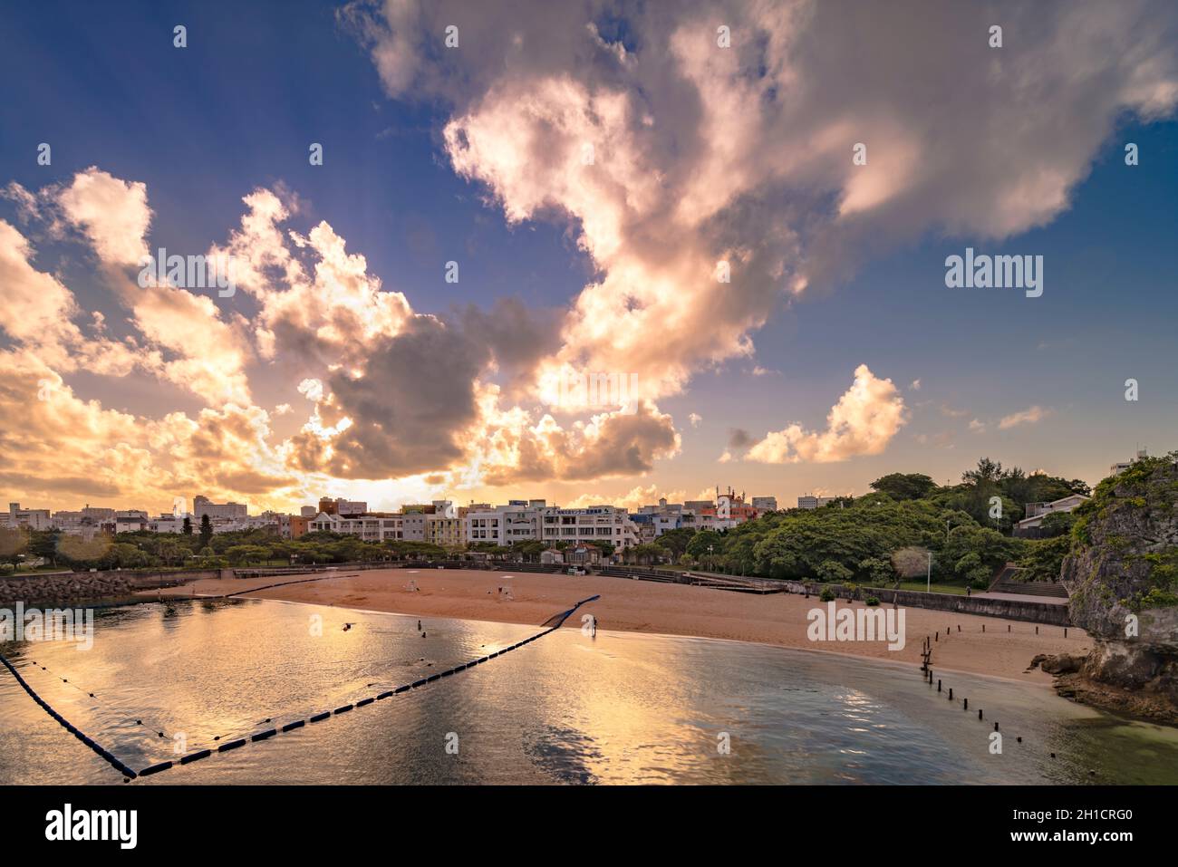 Sunrise landscape of the Naminoue beach close to the Kokusai Street Shopping District of Naha in Okinawa Prefecture, Japan. Stock Photo